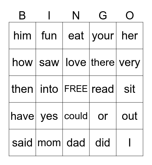Sight Words Bingo Card