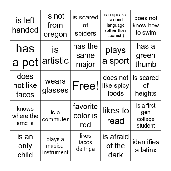 Find Someone Who Bingo Card