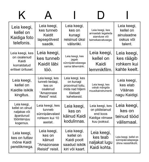 Kaidi Bingo Card