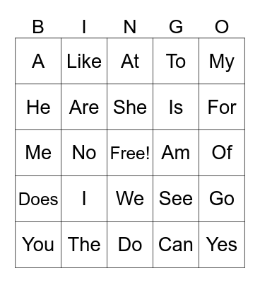 Sight Words Bingo Card