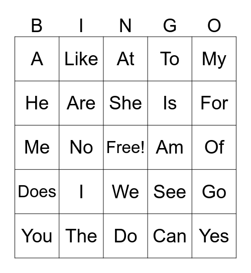 Sight Words Bingo Card