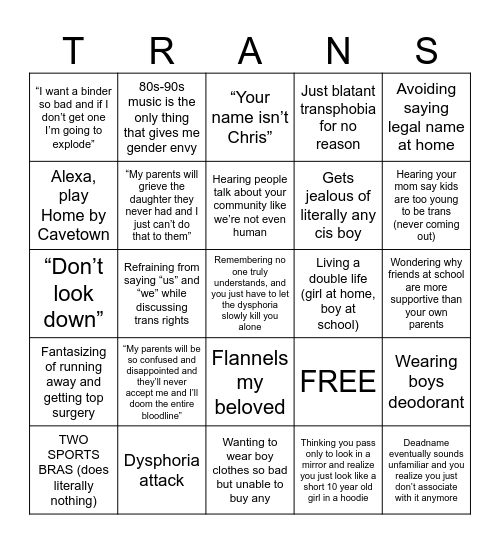 trans scary Bingo Card