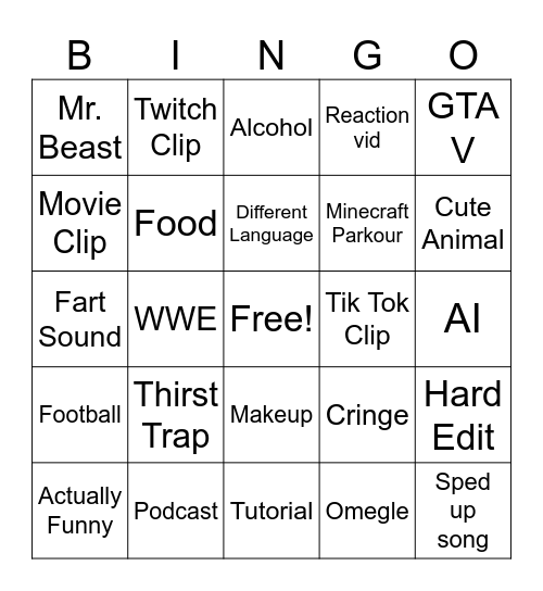 YouTube Shorts Bingo Card