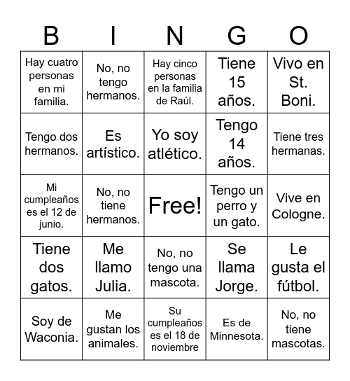 ¿Quién Eres? Bingo Card