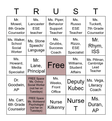 Start with Hello Trusted Adult Tuesday Bingo Card