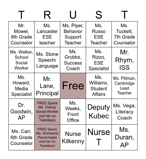 Start with Hello Trusted Adult Tuesday Bingo Card