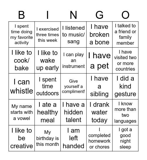 GETTING TO KNOW YOU Bingo Card