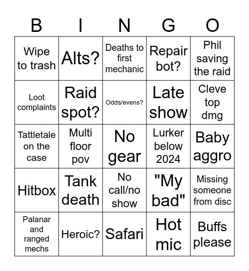 Dread Bingo Card