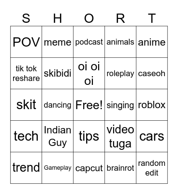 Shorts Bingo Card