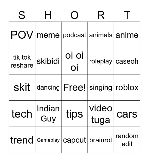 Shorts Bingo Card