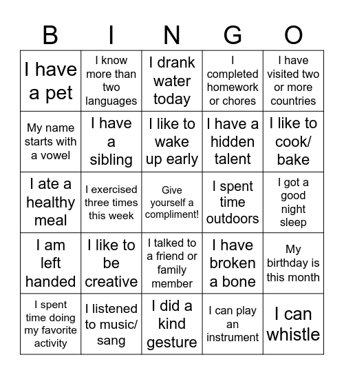 GETTING TO KNOW YOU Bingo Card