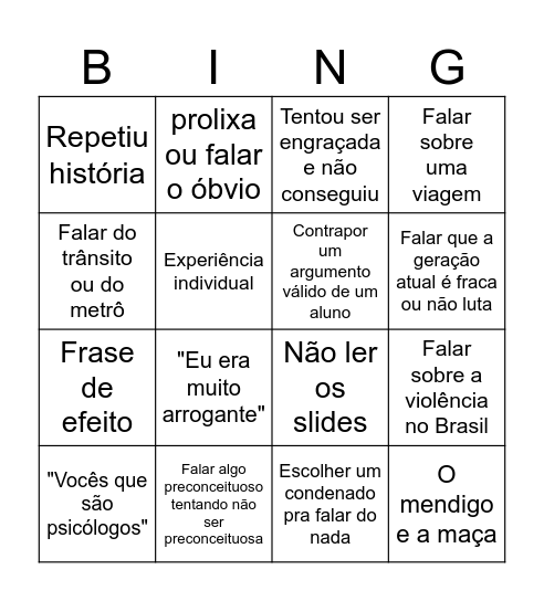 Aula de Quinta Bingo Card