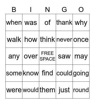 Sight Word BINGO Card