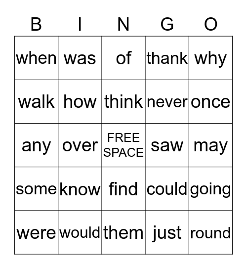 Sight Word BINGO Card