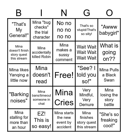 Mina 2.5 Story Stream Bingo Card