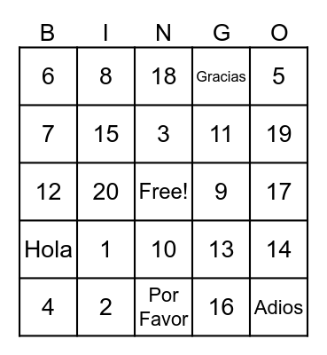 Numeros Bingo Card