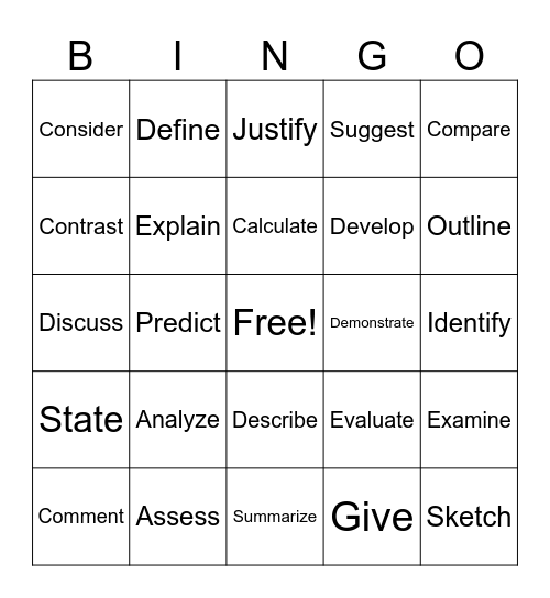 Command Word Bingo Card