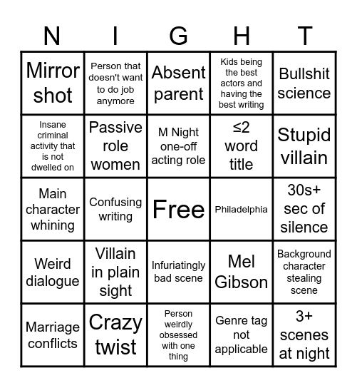 Shyamalan Movie Bingo Card