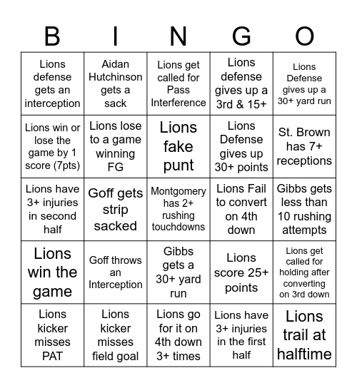 Detroit Lions Bingo Card