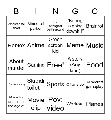 Youtube shorts bingo Card