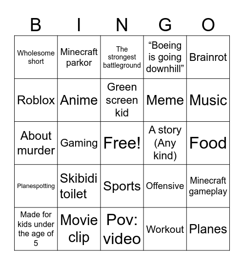 Youtube shorts bingo Card