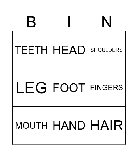 PARTS OF THE BODY BINGO Card