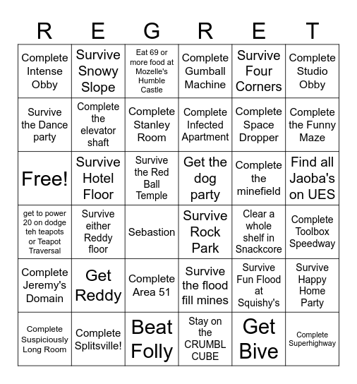 Regretevator bingo Card