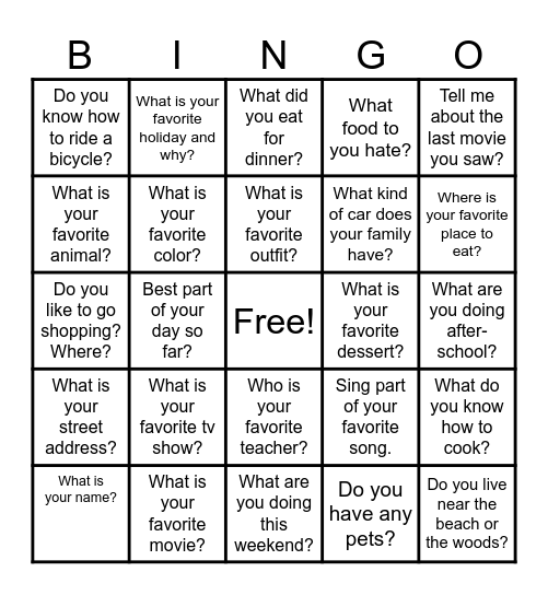 Social Skills Bingo Card