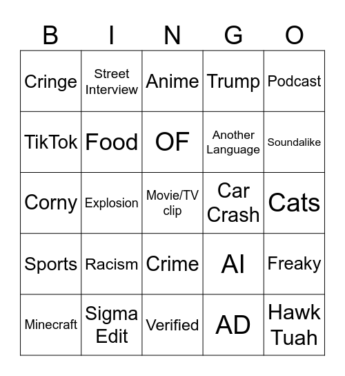 Instagram Bingo Card