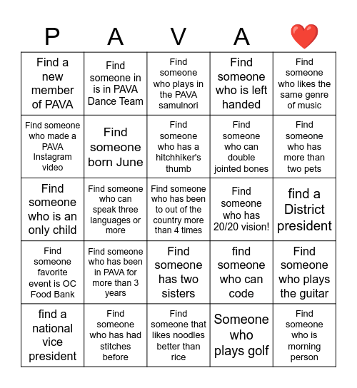 PAVA Leadership Conference 2024 Bingo Card