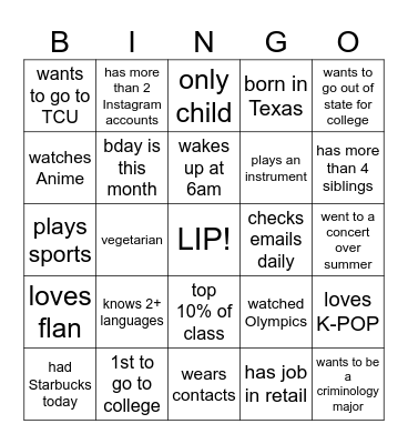 LIP ICEBREAKER Bingo Card