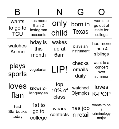 LIP ICEBREAKER Bingo Card