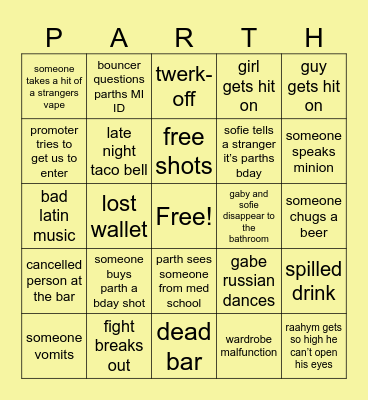 Parth Bday Bingo Card