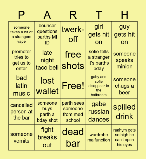 Parth Bday Bingo Card