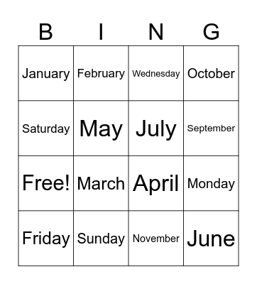 Months and Days Bingo Card