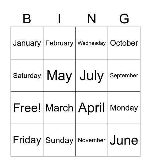 Months and Days Bingo Card