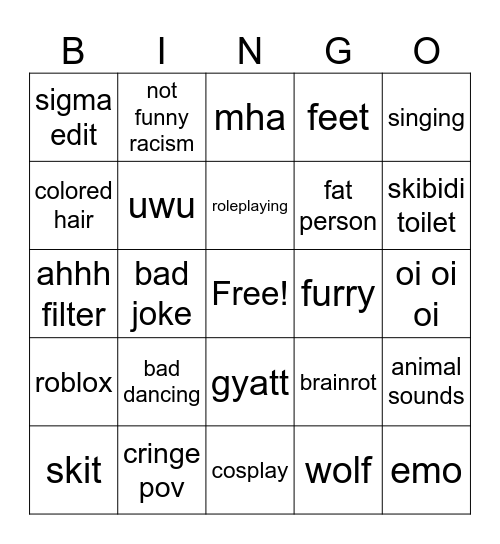 tiktok cringe Bingo Card