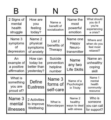 Mental Health Awareness Bingo Card