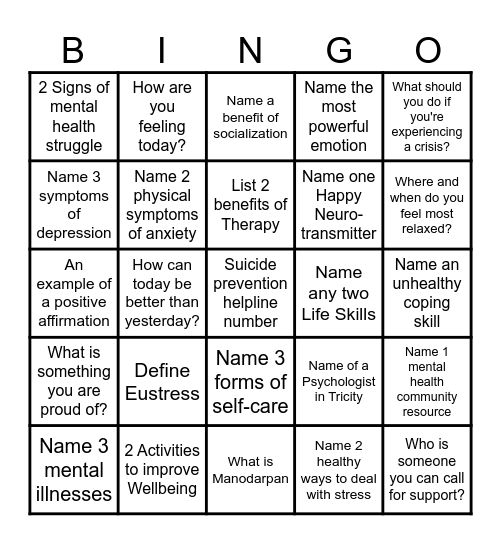 Mental Health Awareness Bingo Card