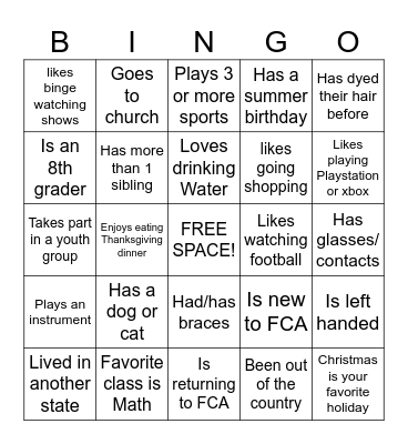 FCA Get-To-Know-You Bingo Card