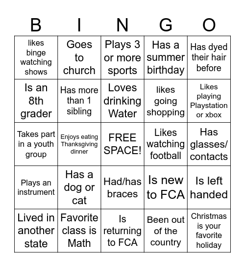 FCA Get-To-Know-You Bingo Card