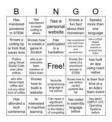 Ada's Team: Friendship Bingo Card