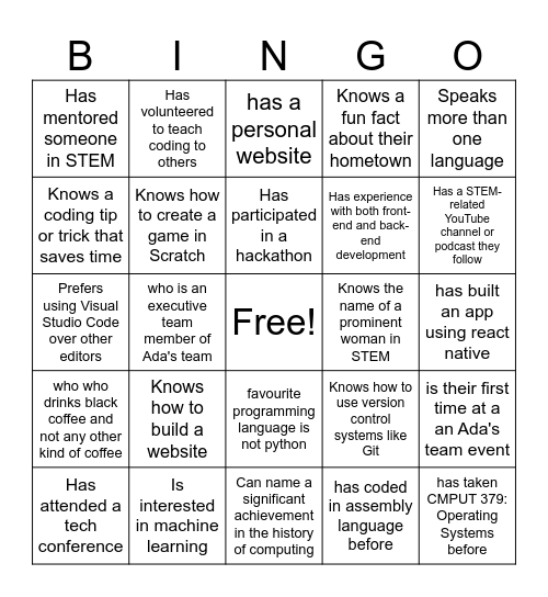 Ada's Team: Friendship Bingo Card