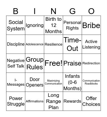 Parenting Education Bingo Card
