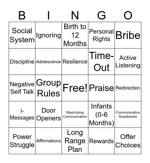 Parenting Education Bingo Card