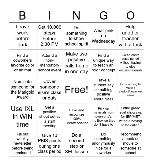 Positive Teacher BINGO Card