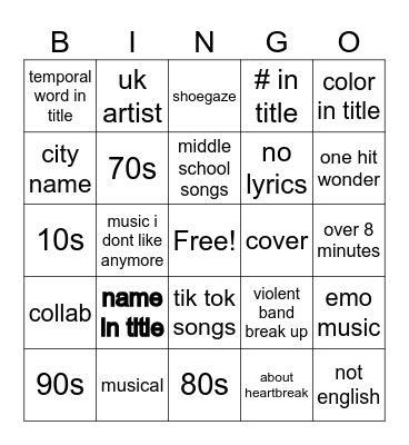 Taylors Spotify Bingo Card