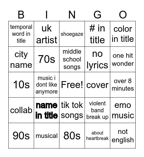 Taylors Spotify Bingo Card