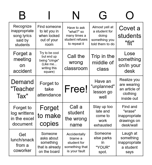 Teachers are Human Too BINGO Card