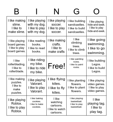 I like to/ing Bingo Card